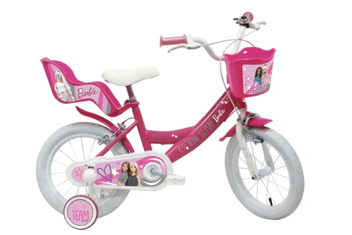 14 inch Barbie fiets met luchtbanden, poppenzitje en mandje
